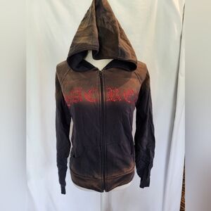 Love Junkie - Black Sacred Heart Rhinestone Zipper Bleach Dye Hoodie - (M)